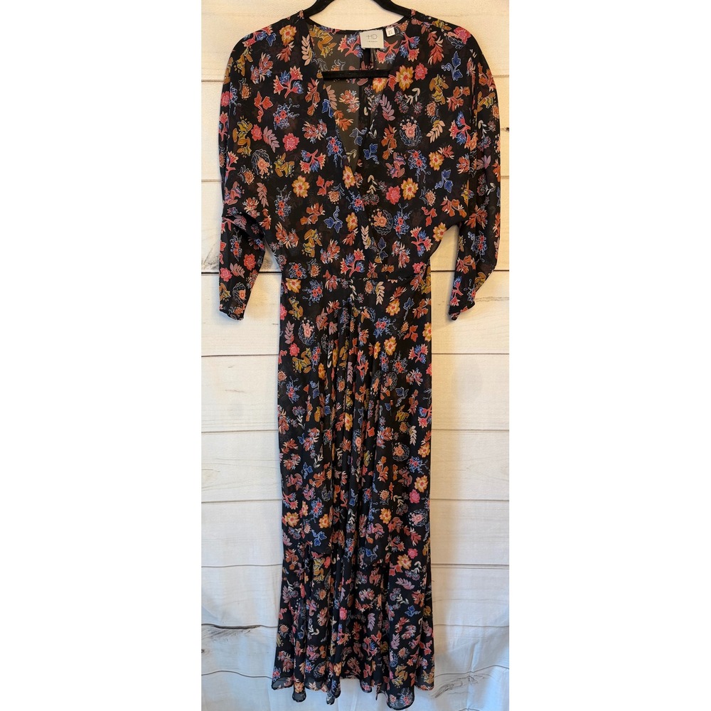HD in Paris Anthropologie Floral Maxi Dress Black Surplice V-Neck Size 4 Boho